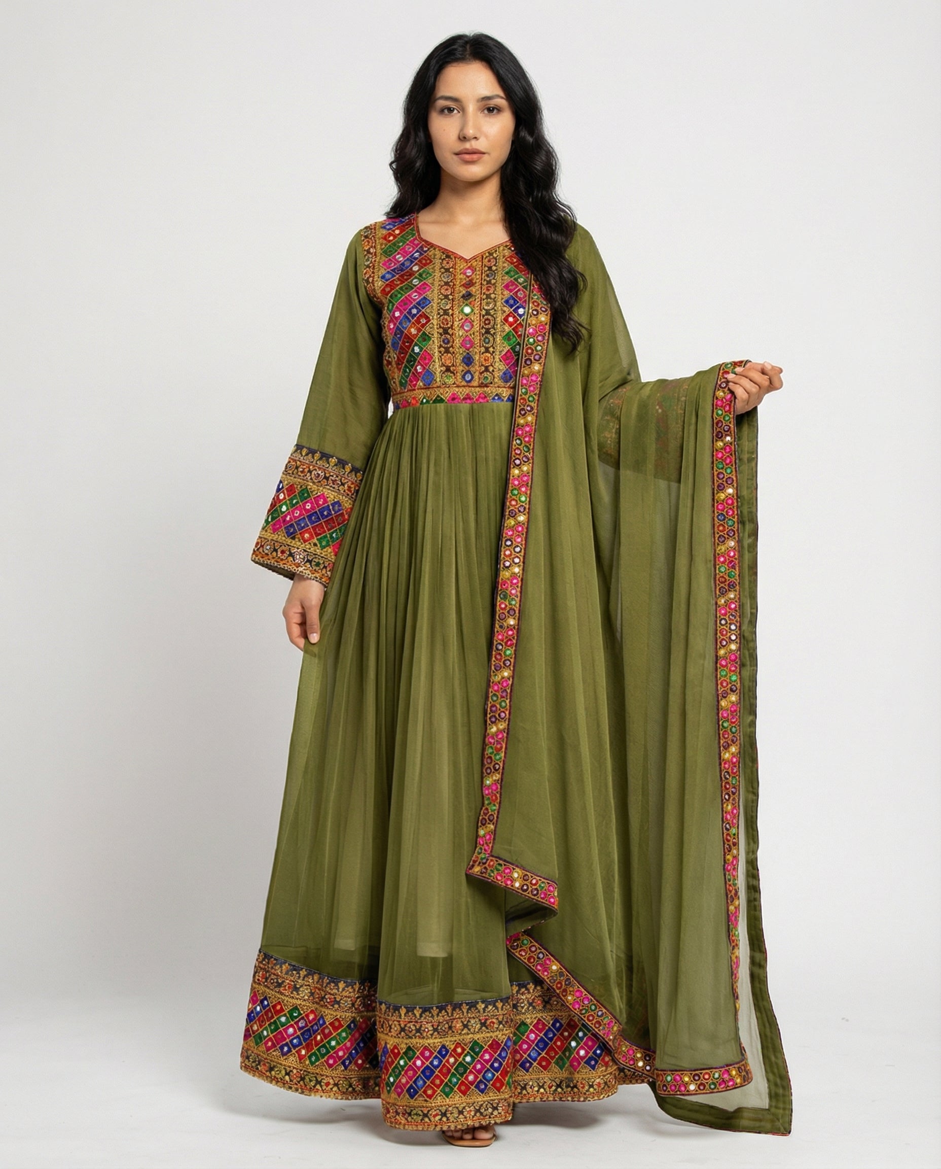 Zarmina Olive Afghan Dress