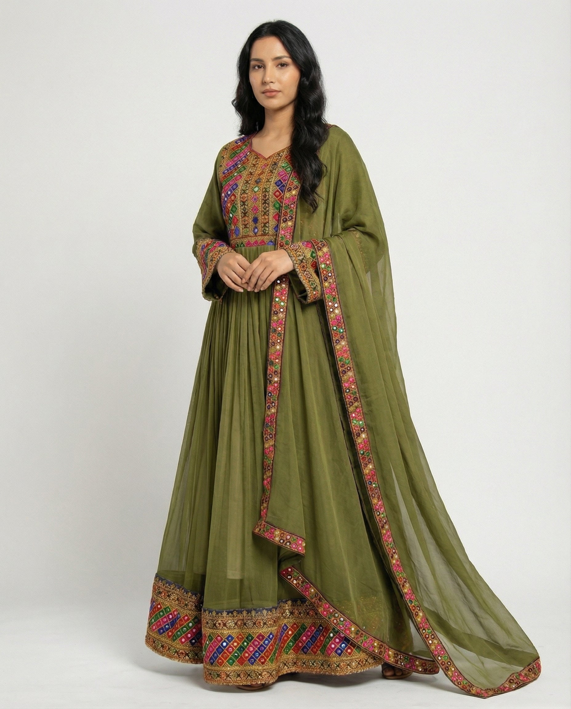 Zarmina Olive Afghan Dress