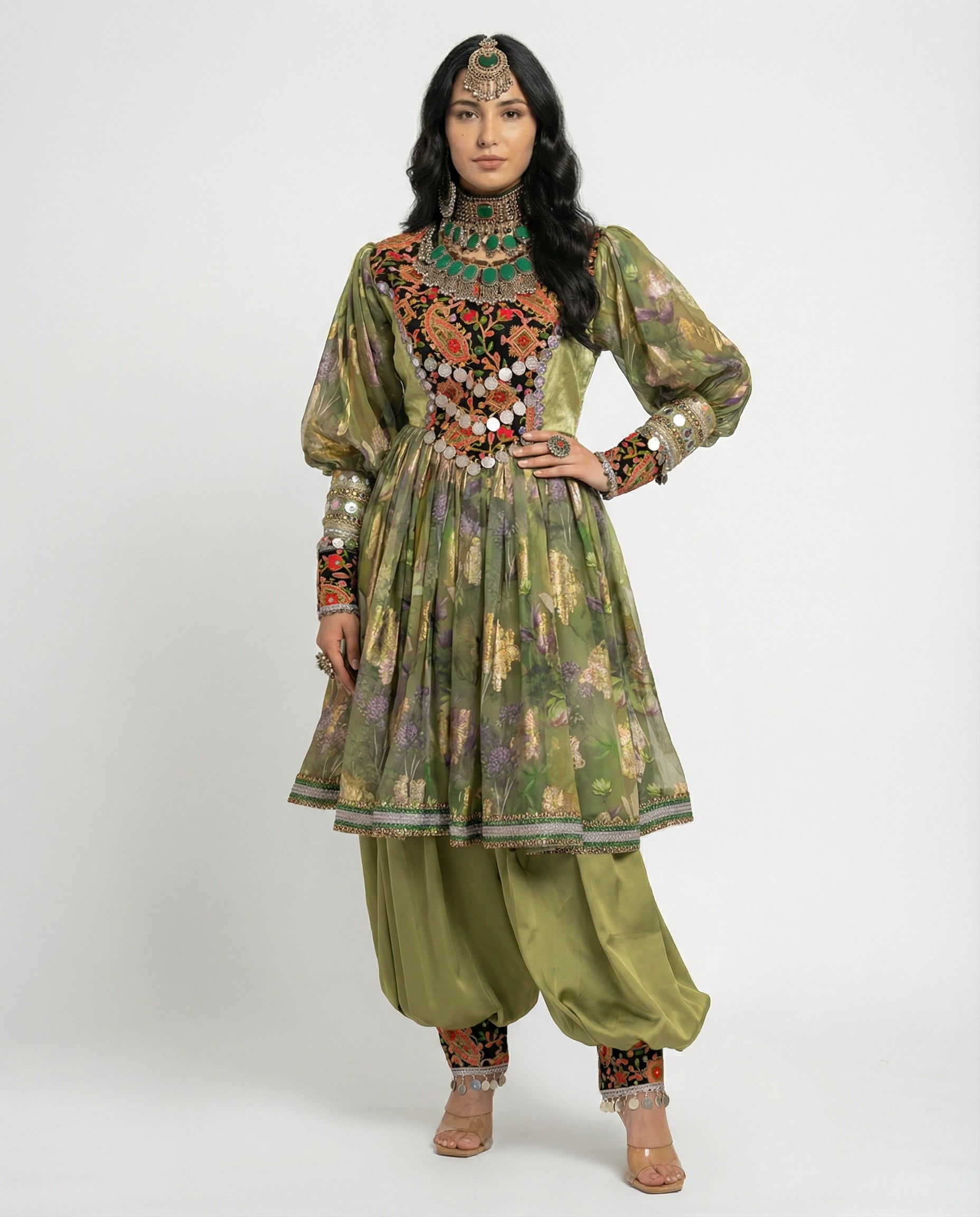 Parwana Olive Afghan Dress